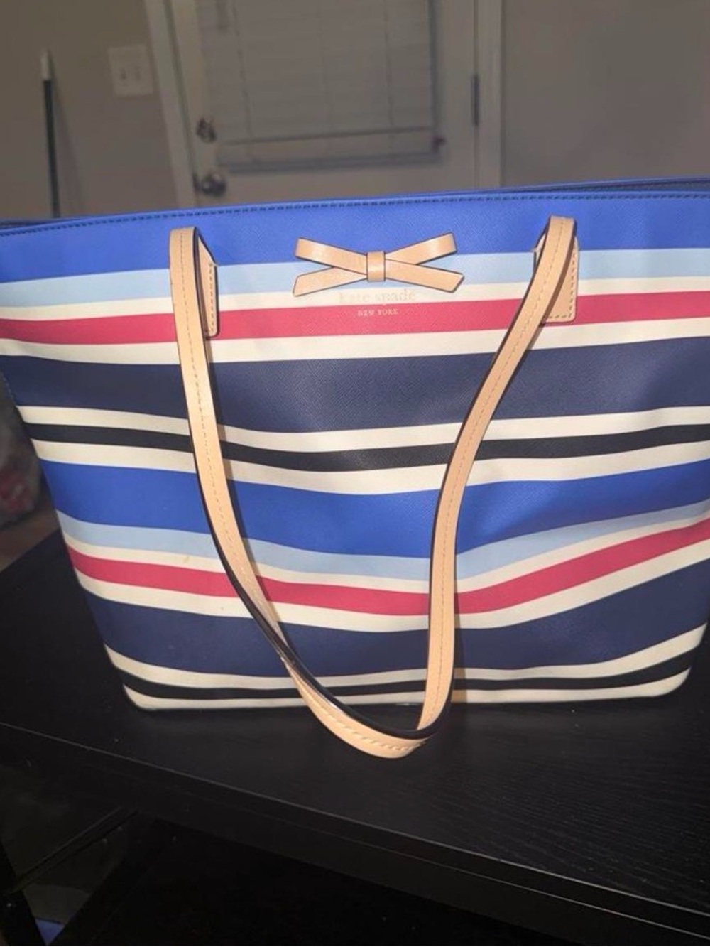 Kate Spade New York Striped Blue Multi-Color Tote with Bow Accent
